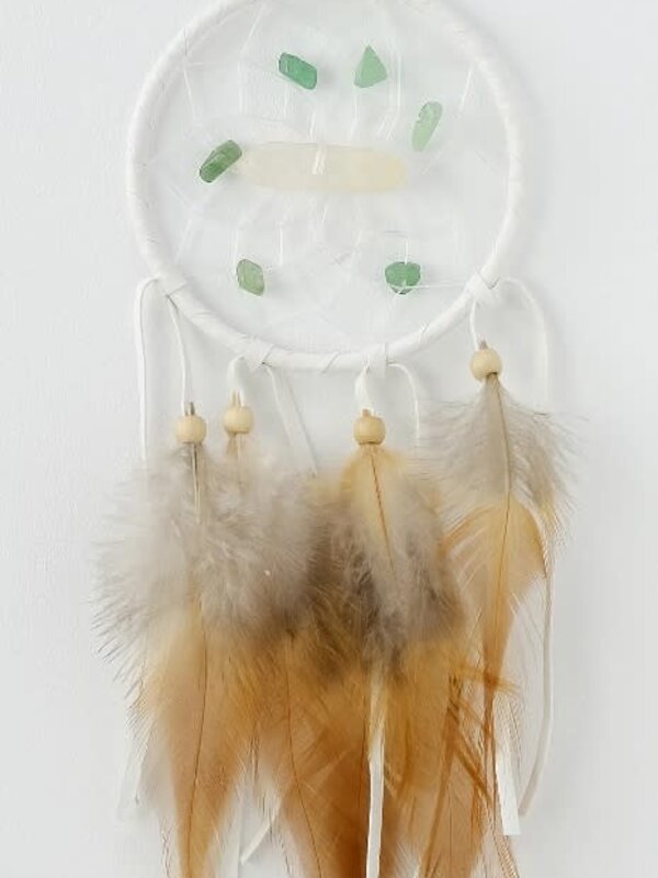 3" White Vision Seeker Dream Catchers are detailed with a quartz crystal