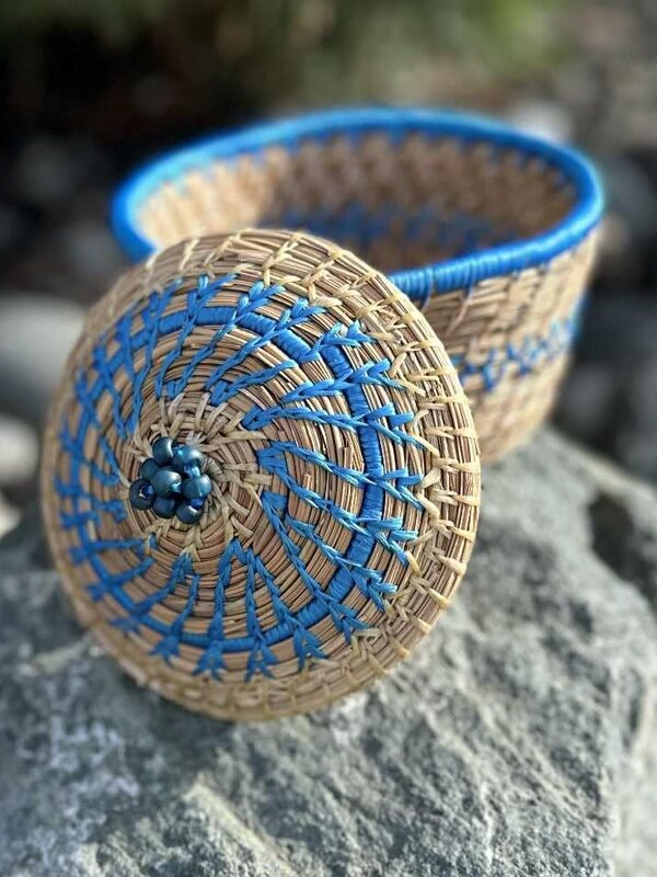 Handmade Pine Needle Basket Royal Blue with Lid by Deanna Wium