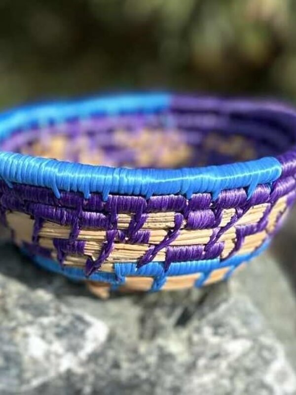 Handmade Pine Needle Basket Purple and Blue with Lid by Deanna Wium
