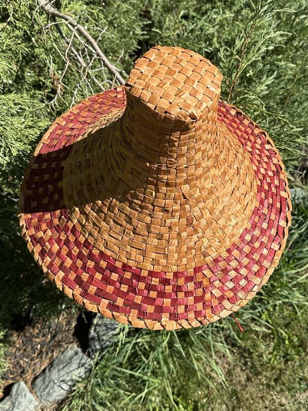 Traditional Woven Cedar Hat Red Strip by Johnny Tuktu