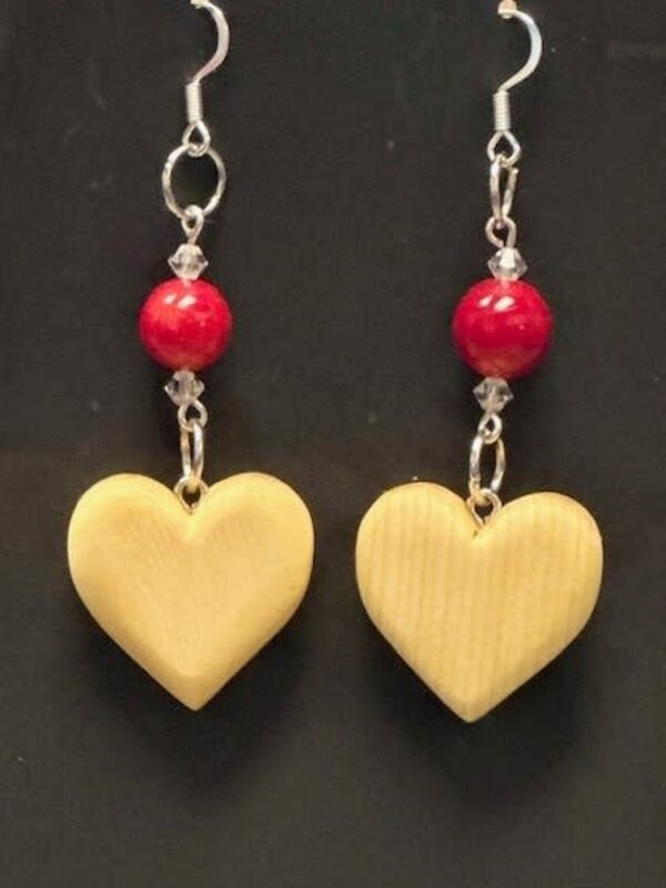 Hand Made Cedar Heart Earrings Red by Wayne Belong