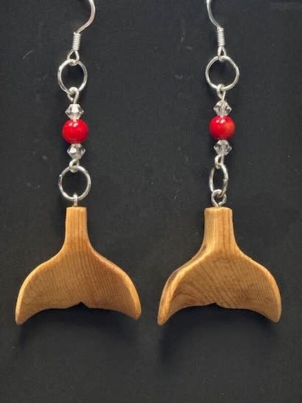 Hand Made Cedar Whale Tail Earrings Red by Wayne Belong