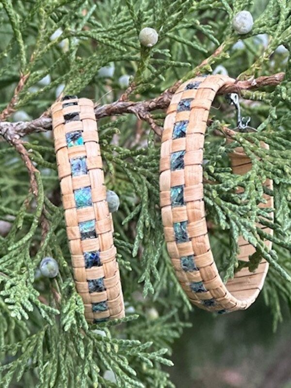 2" Woven Cedar &  Abalone Hoop Earrings by Jasmine Jack