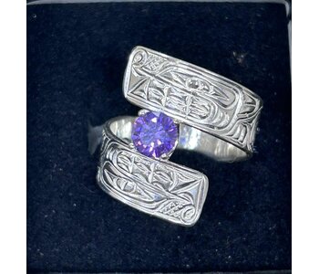 Hand Carved Silver Wrap Ring with Purple CZ stone - Wolf Size 8