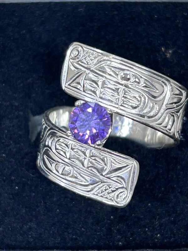 Hand Carved Silver Wrap Ring with Purple CZ stone - Wolf Size 8