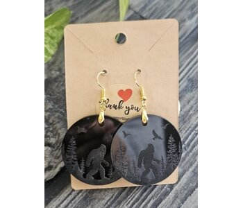 Acrylic engraved round Sasquatch earring by Stacey Smith