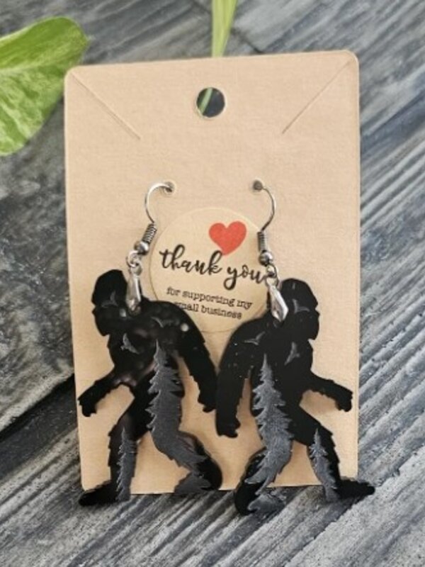 Acrylic earrings Walking Sasquatch engraved by Stacey Smith