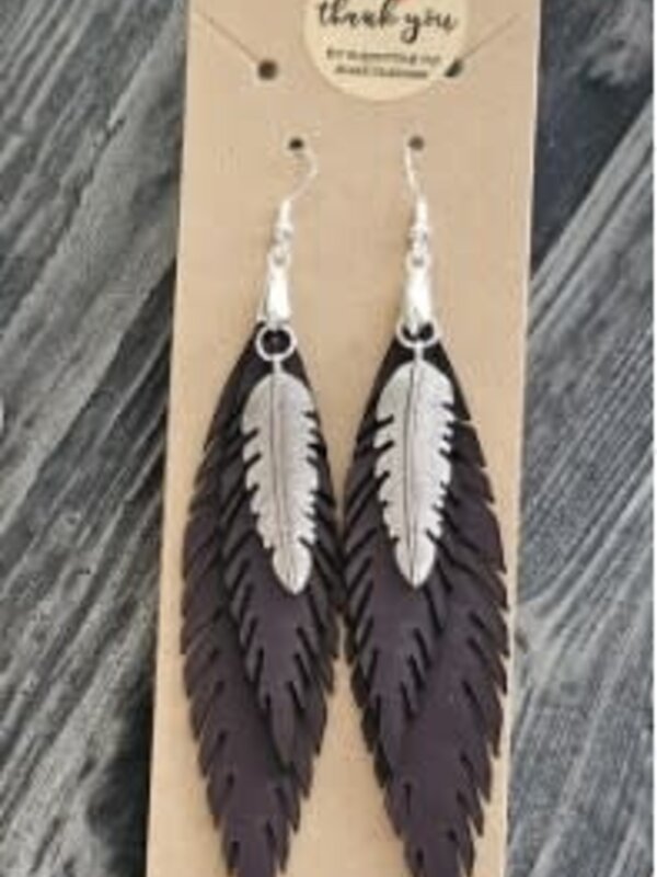Leather Feather Earrings (Maroon) by Stacey Smith
