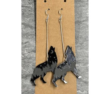Acrylic Wolf with engraving earrings by Stacey Smith