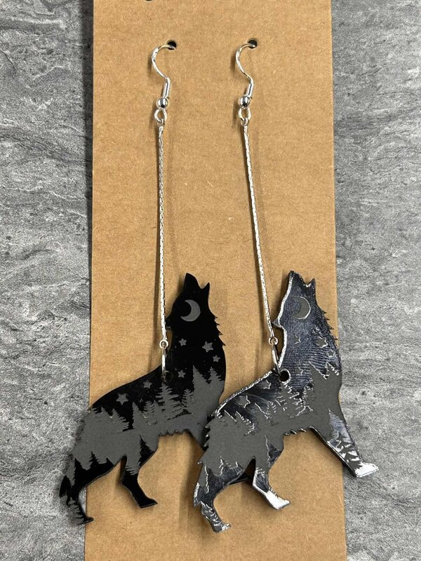 Acrylic Wolf with engraving earrings by Stacey Smith