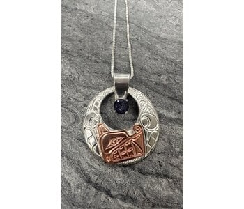Hand Carved Silver and Copper Pendant w chain - Wolf by Richard Lang