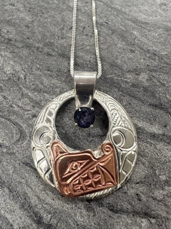 Hand Carved Silver and Copper Pendant w chain - Wolf by Richard Lang