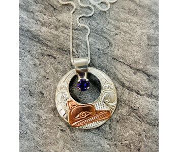 Hand Carved Silver Pendant w stone /chain - Raven by Richard Lang