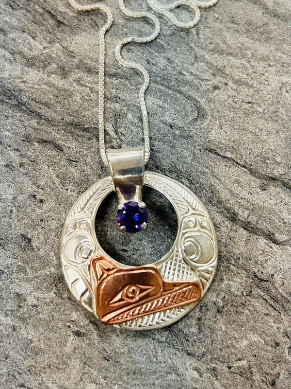 Hand Carved Silver Pendant w stone /chain - Raven by Richard Lang