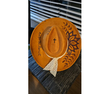 Felt Hat with design burn by Stacey Smith - Sunflowers with cross