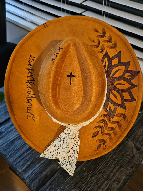 Felt Hat with design burn by Stacey Smith - Sunflowers with cross