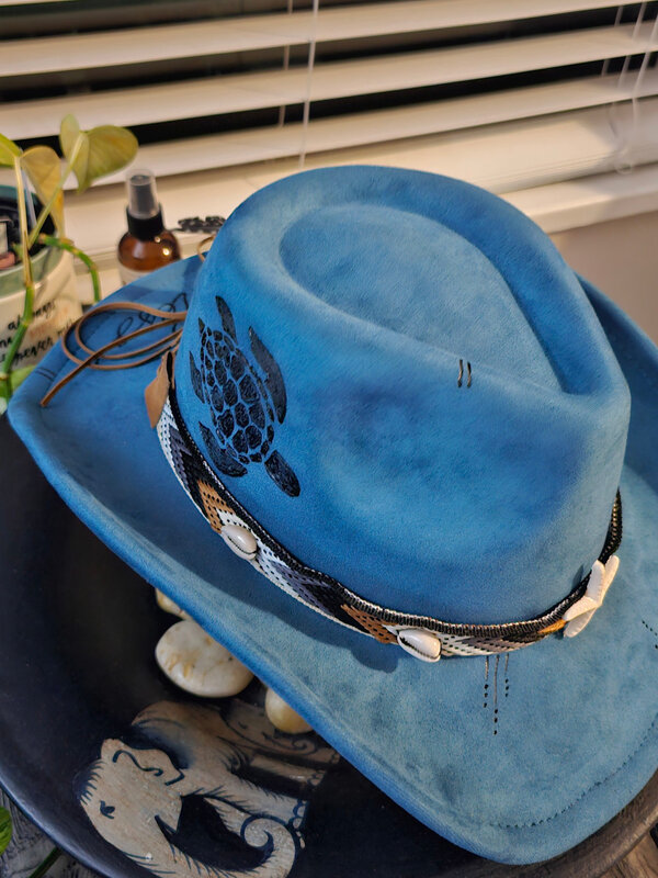 Felt Cowboy Hat with design burn by Stacey Smith - Turtle in blue