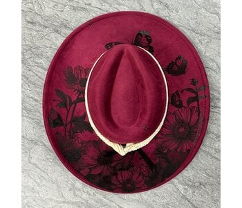 Felt Hat with design burn by Stacey Smith - Flowers & Butterflies Fushia