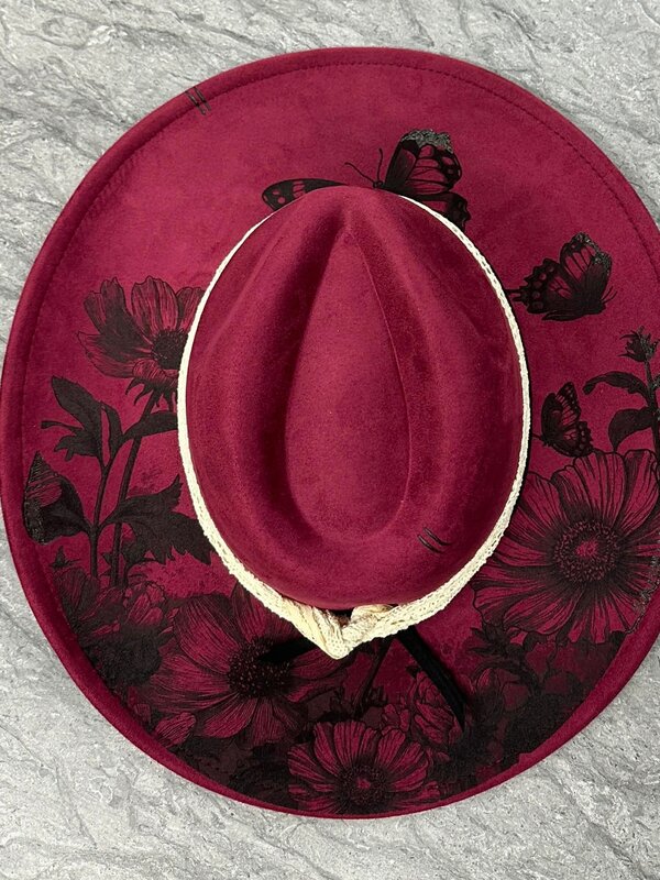 Felt Hat with design burn by Stacey Smith - Flowers & Butterflies Fushia