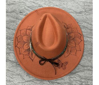 Felt Hat with design burn by Stacey Smith - Lotus Flower and Butterly
