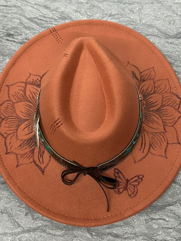 Felt Hat with design burn by Stacey Smith - Lotus Flower and Butterly