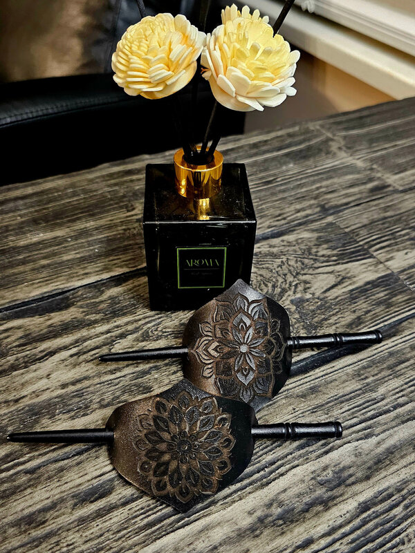 Leather Sunflower hairpin by Stacey Smith