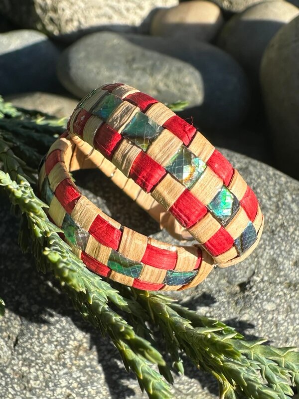1" Woven Cedar Abalone and Red Earring by Jasmine Jack