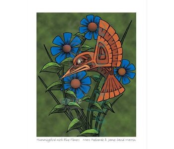 Framed and Matted Art Card Hummingbird with Blue Flowers by Marc Poelvoorde & James David Martin.