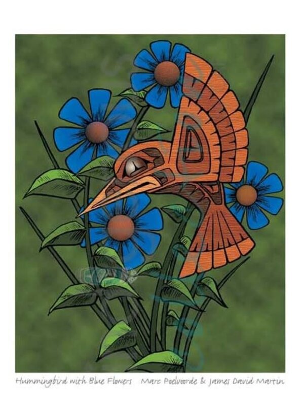 Framed and Matted Art Card Hummingbird with Blue Flowers by Marc Poelvoorde & James David Martin.