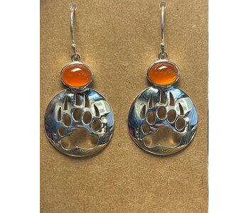 Bear Paw Cut Out Silver Earrings  Carnelian Inlay Shepherd Hooks by Jadeon Rathegber