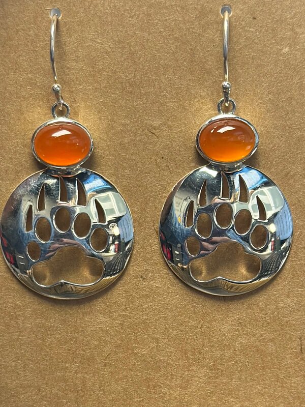 Bear Paw Cut Out Silver Earrings  Carnelian Inlay Shepherd Hooks by Jadeon Rathegber