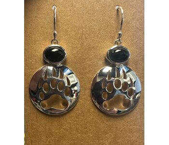Bear Paw Cut Out Silver Earrings  Onyx Inlay Shepherd Hooks by Jadeon Rathegber