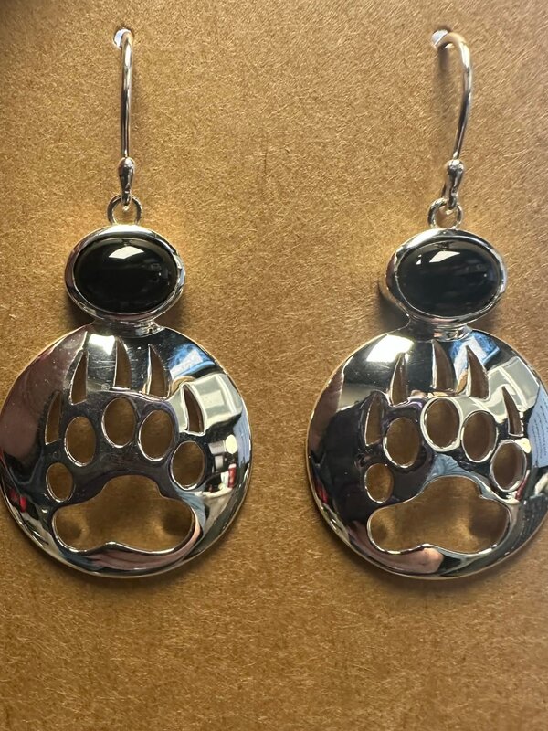 Bear Paw Cut Out Silver Earrings  Onyx Inlay Shepherd Hooks by Jadeon Rathegber