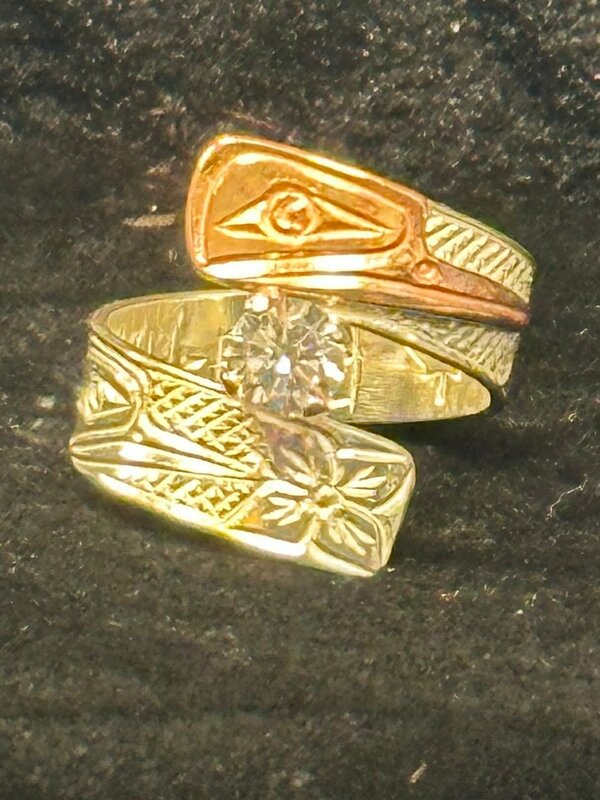 Hand Carved Wrap Ring with Copper Hummingbird CZ stone s9 by Richard Lang