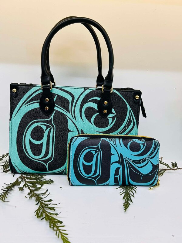 Purse & Wallet Set - Teal & Black with Eagle Design by Josh Davidson