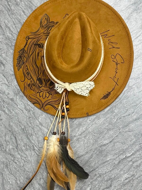 Felt Hat with design burn by Stacey Smith - Horse w feather hat band brown