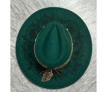 Felt Hat with design burn by Stacey Smith - Sunflowers Dark Green
