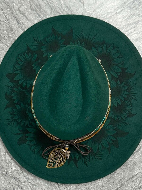 Felt Hat with design burn by Stacey Smith - Sunflowers Dark Green