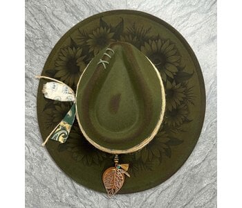 Felt Hat with design burn by Stacey Smith - Sunflowers rustic green
