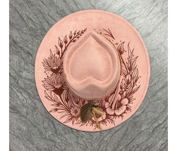 Felt Hat with design burn by Stacey Smith - Flowers light pink with heart shape top