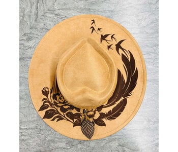 Felt Hat with design burn by Stacey Smith - Flowers feather & birds tan