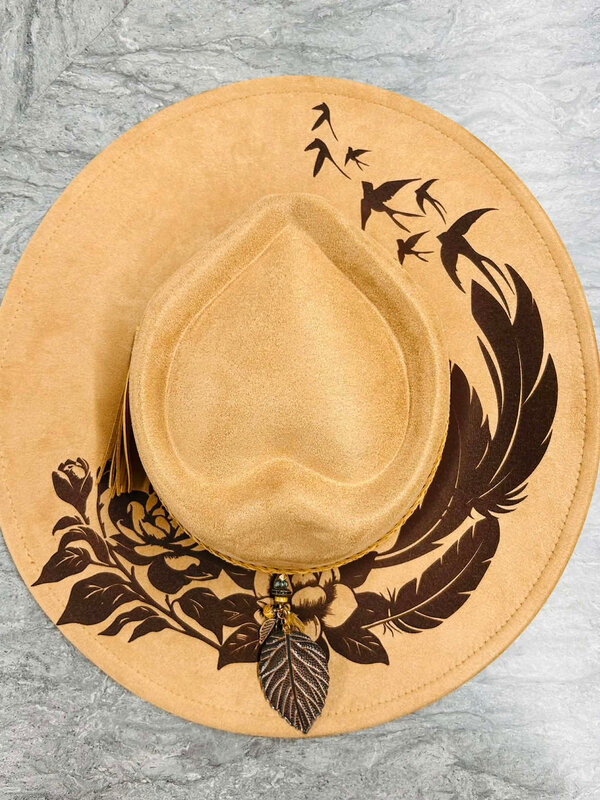 Felt Hat with design burn by Stacey Smith - Flowers feather & birds tan
