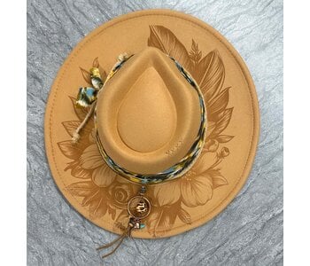 Felt Hat with design burn by Stacey Smith - Flowers feather  tan