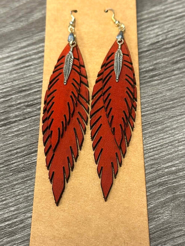 Leather Feather Earrings (Red) by Stacey Smith
