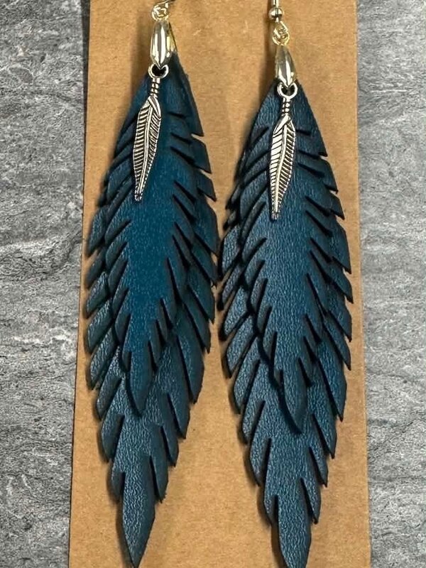Leather Feather Earrings (Blue) by Stacey Smith