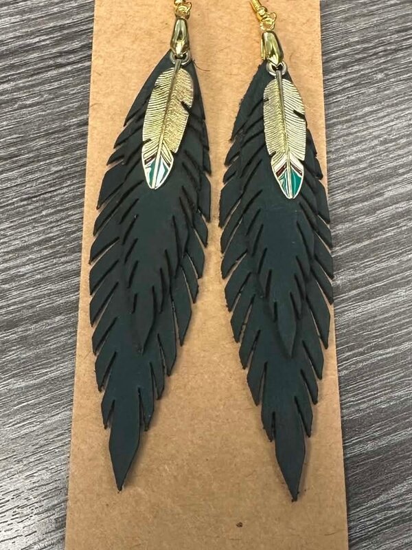 Leather Feather Earrings (hunter green) by Stacey Smith