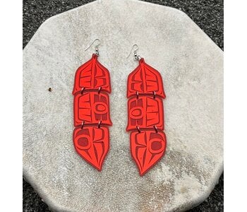 Red 5" Mirror design feather earrings - Design by Andromeda Reece