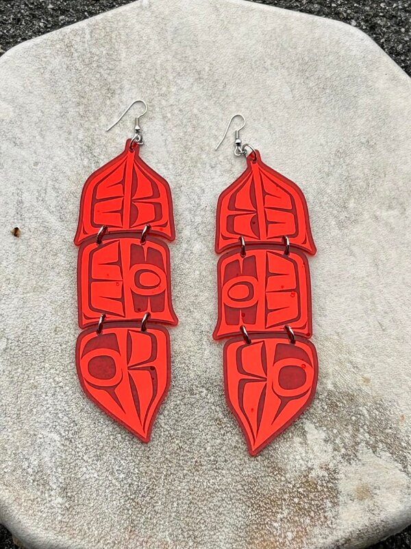 Red 5" Mirror design feather earrings - Design by Andromeda Reece