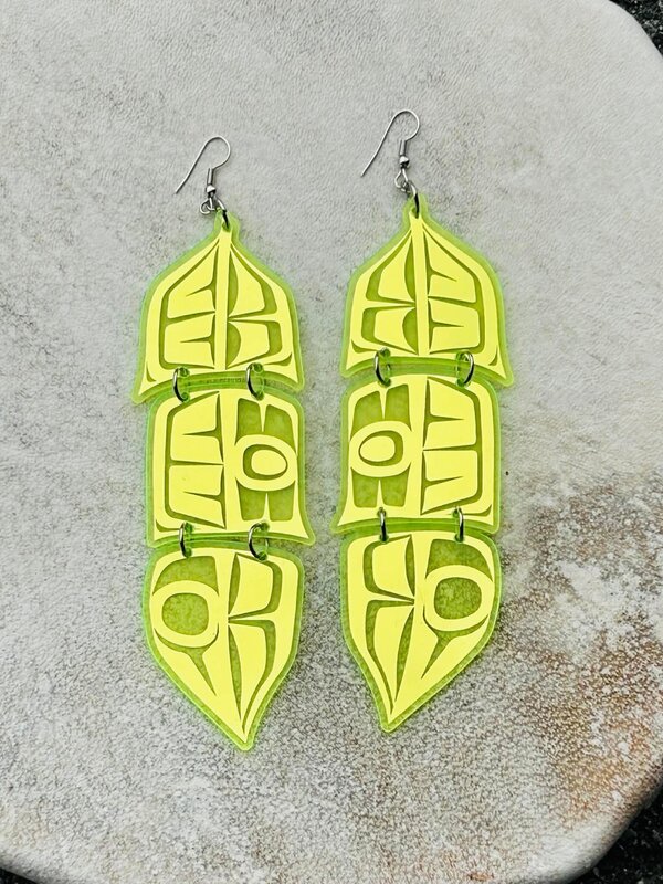 Lime Greeen 5" Mirror design feather earrings - Design by Andromeda Reece