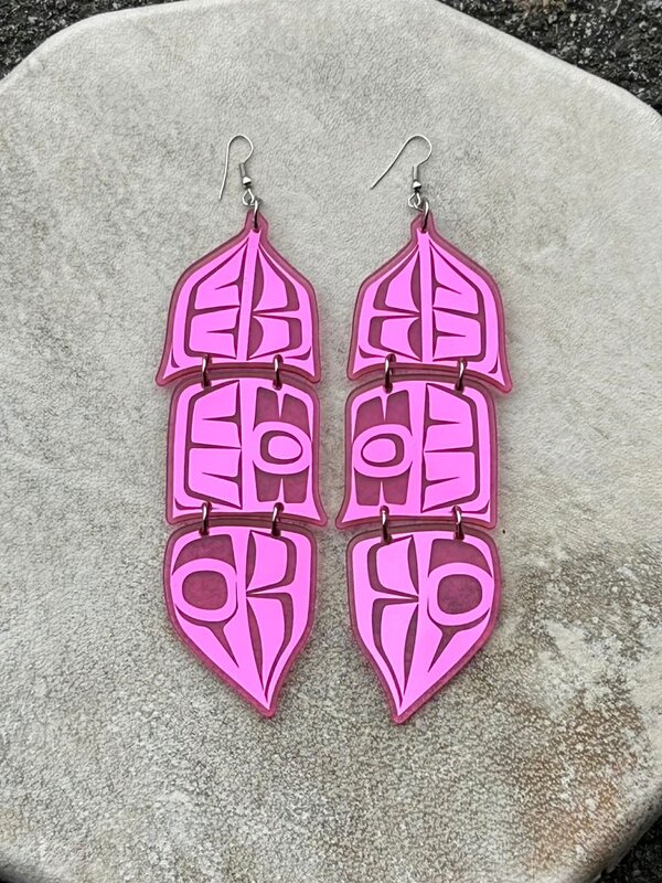 Pink 5" Mirror design feather earrings - Design by Andromeda Reece